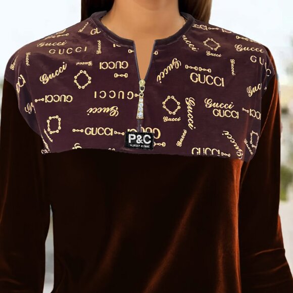 Brown Velvet Top with Zipper Pull with Rhinestone - Picture 1 of 11